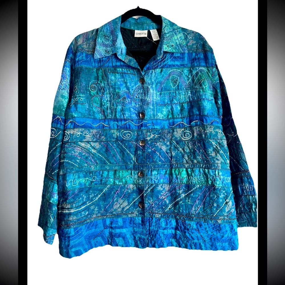 Chico's Women's Embellished Embroidered Ocean Blue Jacket Sz M